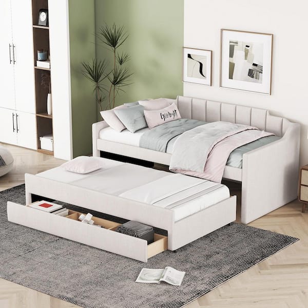 Beige Twin Upholstered Daybed with Trundle and 3 Drawers