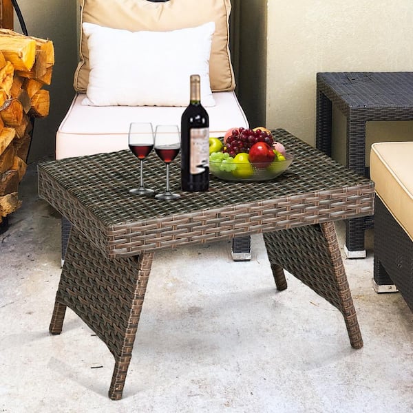 Brown Rectangle Wicker Outdoor Folding Side Table Coffee Table