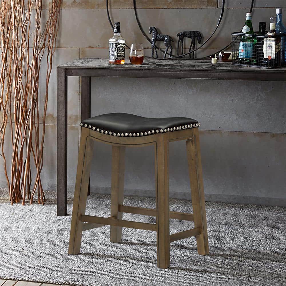 26" Black Saddle Style Wood Counter Stool with Faux Leather
