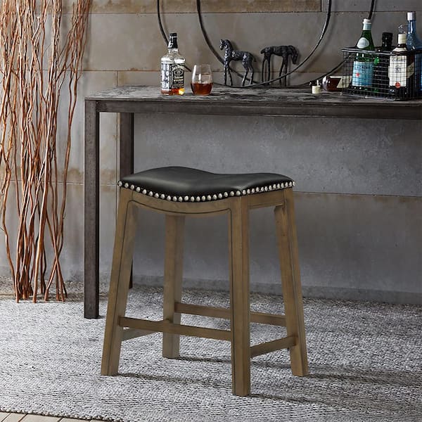 Pecos 25 in. Brown Wood Counter Height Stool with Black Faux Leather Seat