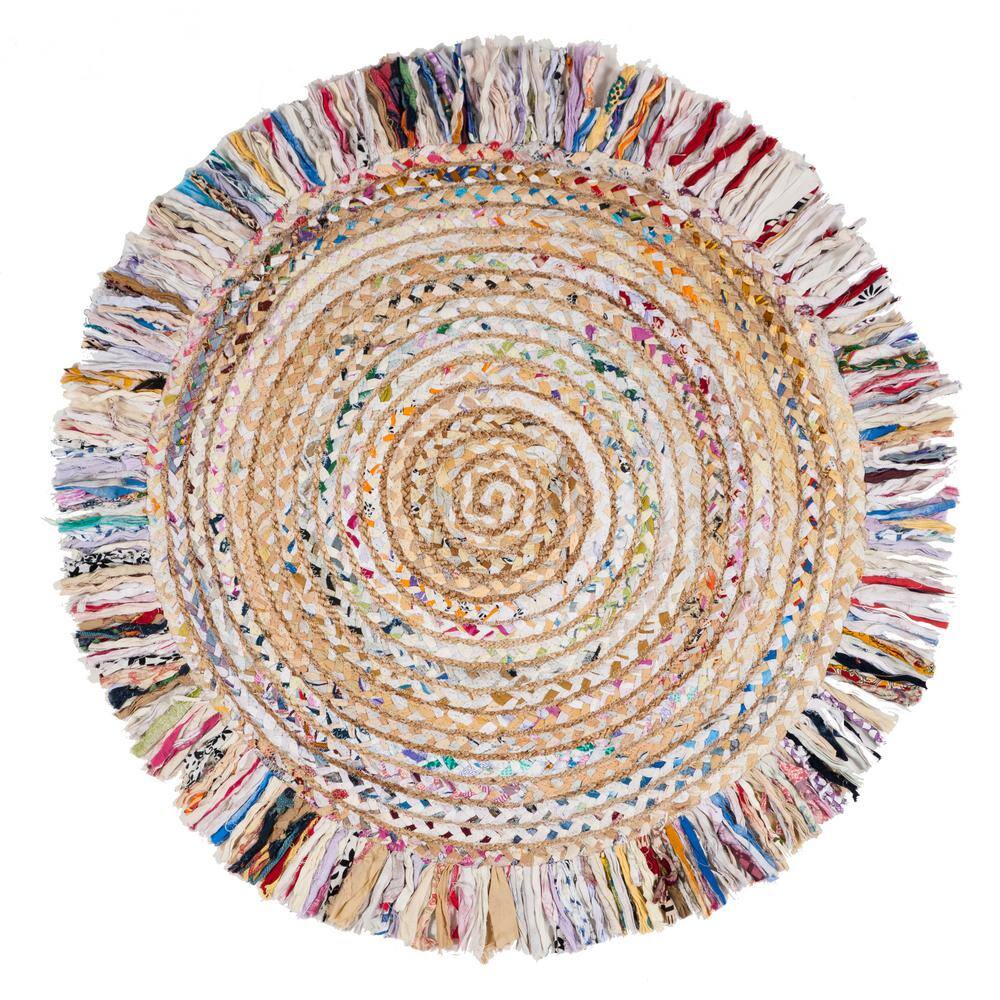 Ivory and Light Beige Round Hand-Knotted Wool Rug