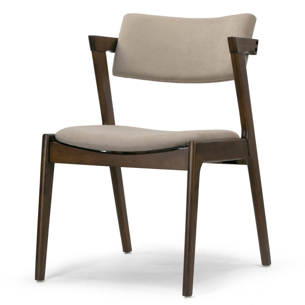 Retro Modern Beige Upholstered Wing Arm Chair in Dark Brown Wood