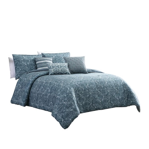 Benjara 7-Piece Blue Geometric Cotton Queen Comforter Set