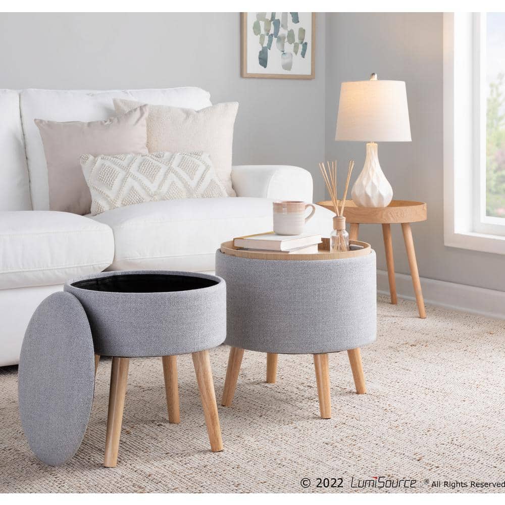 Natural Wood and Light Grey Fabric Round Tray Storage Ottoman Set