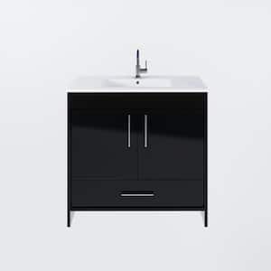 Pacific 36 in. W x 18 in. D x 34 in. H Bath Vanity in Glossy Black with White Ceramic Vanity Top with White Basin