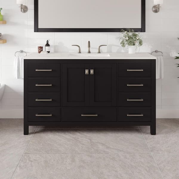 Aberdeen 60 in. Single Sink Espresso Bath Vanity with White Carrara Quartz Top (Assembled)