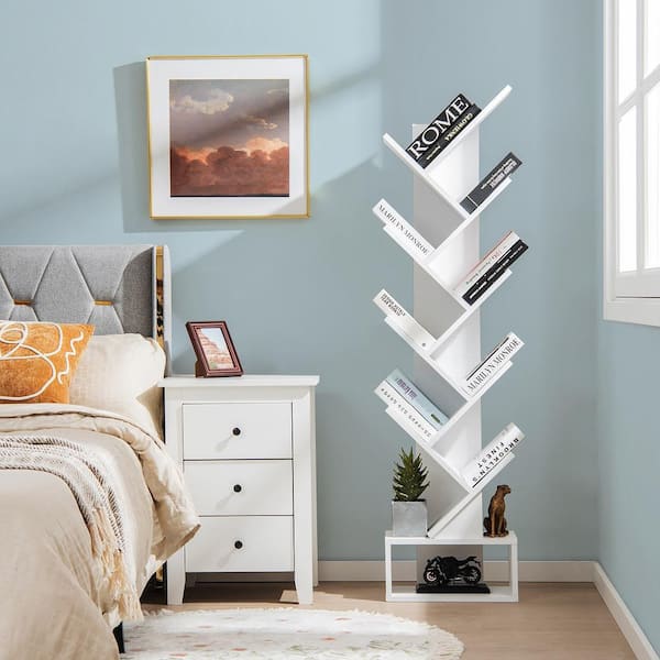 15 in. Wide White 10-Tier Tree Bookshelf with Drawer Free-Standing Bookcase Storage Shelf