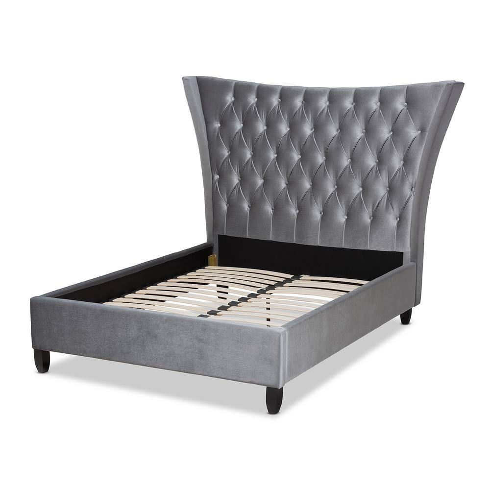 Grey Velvet Queen Bed with Tall Tufted Wingback Headboard