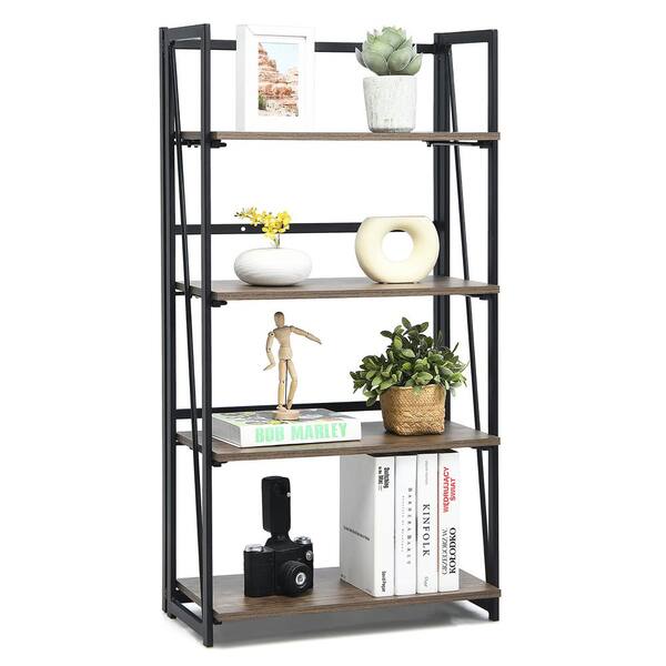 Costway 46 in. H Brown 4-Tier Folding Bookshelf No-Assembly Costway 46 in. H Brown 4-Tier Folding Bookshelf No-Assembly