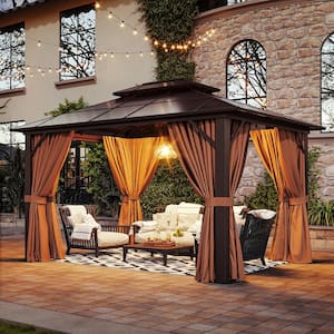 10 ft. x 12 ft. Hardtop Outdoor Double Roof Gazebo with Netting and Curtains for Backyard