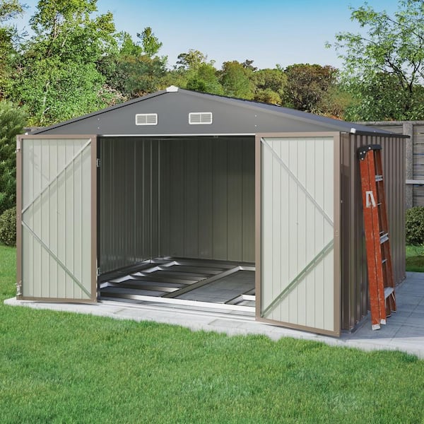 Patiowell 10 ft. W x 8 ft. D Frame Included Metal Storage Shed for Outdoor, Steel Yard Shed in Brown (86 sq. ft.)