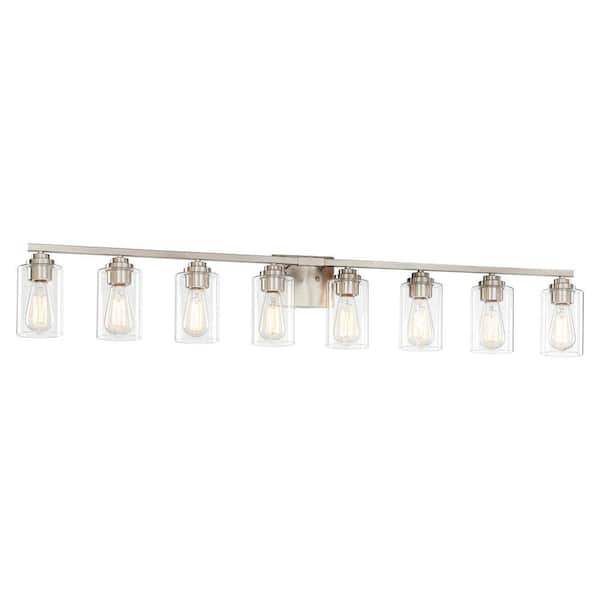 51 in. 8-Light Satin Nickel Bathroom Vanity Light with Glass Shade