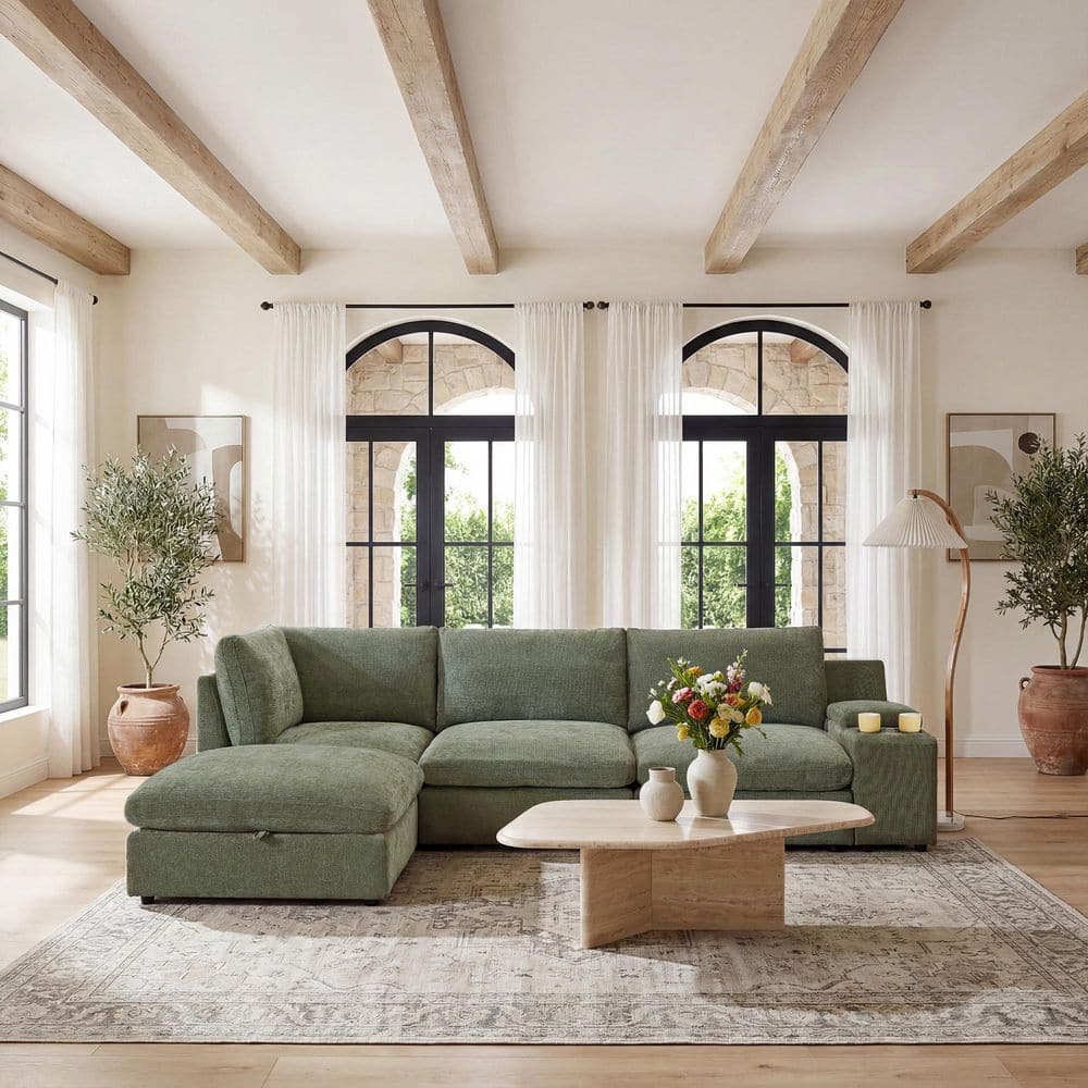 118.75 in. Chenille Modular Couch L Shaped Sectional Sofa with Ottoman Side Table 5-Seater Living Room Set Green