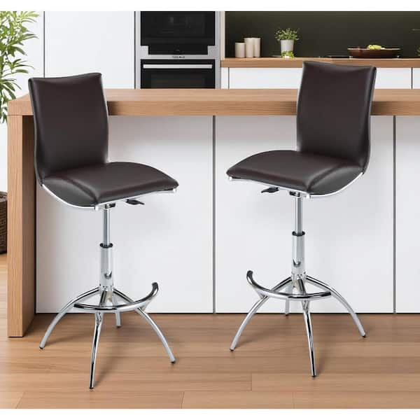 39.00 in. H Brown Adjustable Height Metal Bar Stool with Faux Leather Seat Set of 2