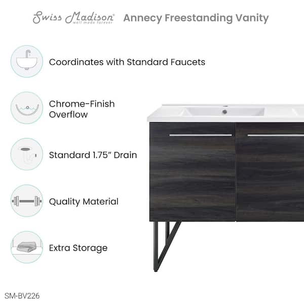 Annecy 60 in. Double, 2-Door, 1 Drawer Bathroom Vanity in Black with White Basin