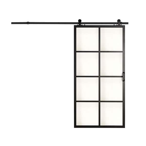 French 42 in. x 84 in. Full Lite Clear Glass Black Frame Aluminum Sliding Barn Door with Hardware Kit