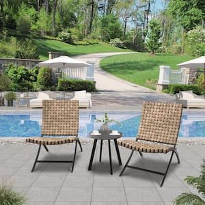 3-Piece Black Metal Patio Conversation Set with Coffee Rattan Folding Chairs and Table
