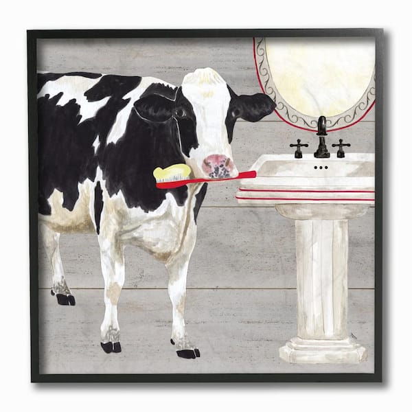 Stupell Industries 12 in. x 12 in. "Bath Time For Cows at Sink Red Black and GreyPainting" by Tara Reed Framed Wall Art