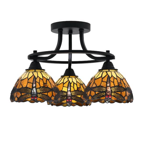 Unbranded Madison 3-Light Semi-Flush Shown In Matte Black Finish With 17.25 in. Amber Dragonfly Art Glass