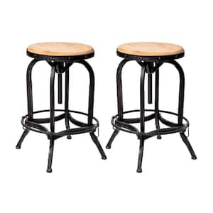 Farmdale 26 in. Black and Natural Antique Backless Metal Adjustable Swivel Bar Stool with Wood Seat (Set of 2)