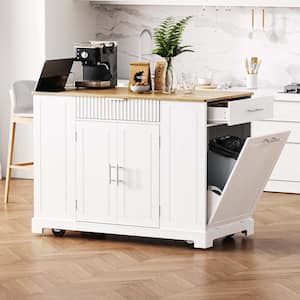 White Wood 48.5 in. Kitchen Island on Wheels with Drawer, 3 Open Side Racks for 10 Gallon Garbage Bin