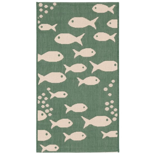 Courtyard Dark Green/Ivory 2 ft. x 4 ft. Novelty Fish Indoor/Outdoor Area Rug