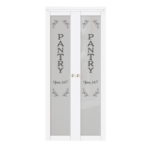 36in. x 80 in. 1-Lite Frosted Glass Solid Core White Finished (Pivot French) Bi-fold Door w/ Pantry Sticker and Hardware