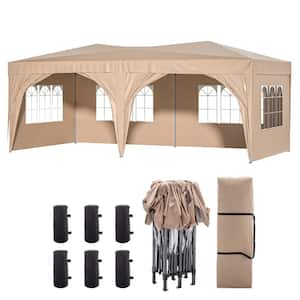 10 ft. x 20 ft. Beige Outdoor Heavy Duty Gazebo Portable Pop Up Canopy Party Tent with Sidewalls, Carry Bag, Weight Bag