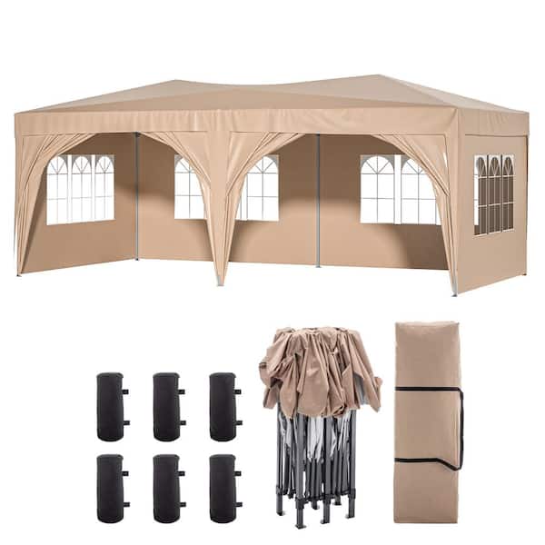10 ft. x 20 ft. Beige Outdoor Heavy Duty Gazebo Portable Pop Up Canopy Party Tent with Sidewalls, Carry Bag, Weight Bag