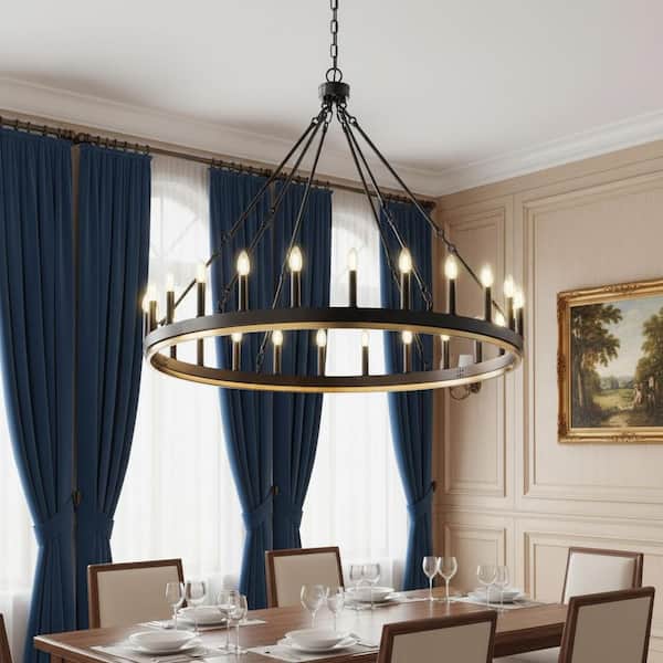 47 in. 24-Light Black Large Farmhouse Wagon Wheel Chandelier, Industrial Pendant for Foyer, Porch, Dining Room