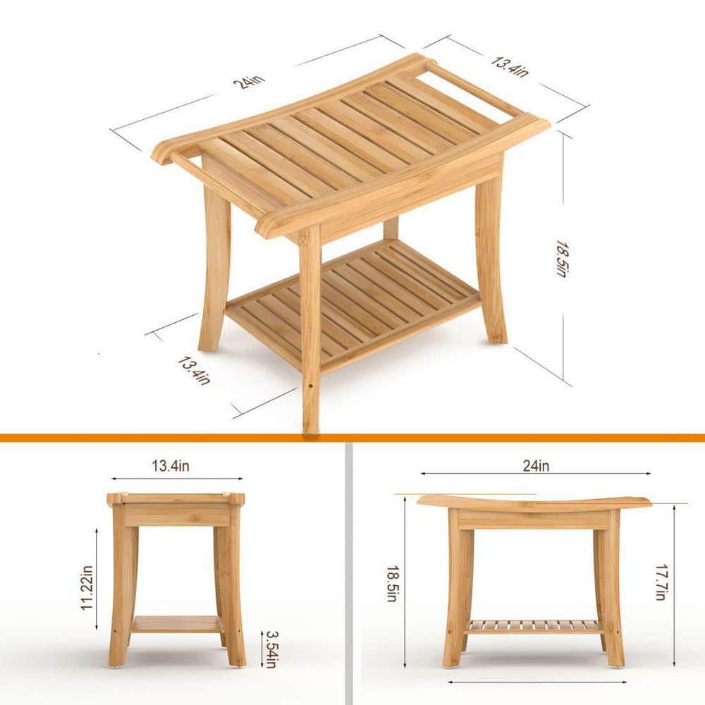 Beige Bamboo Shower Bench with Storage Shelf