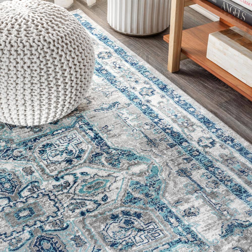 Light Grey and Blue Round Synthetic Reversible Rug