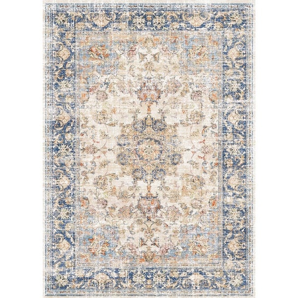 Tabelia Blue/Orange 6 ft. x 9 ft. Vintage Medallion Distressed Area Rug