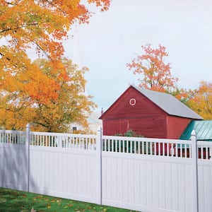 Pro Series 5 in. x 5 in. x 8 ft. White Vinyl Woodbridge Closed Picket Top Routed Line Fence Post