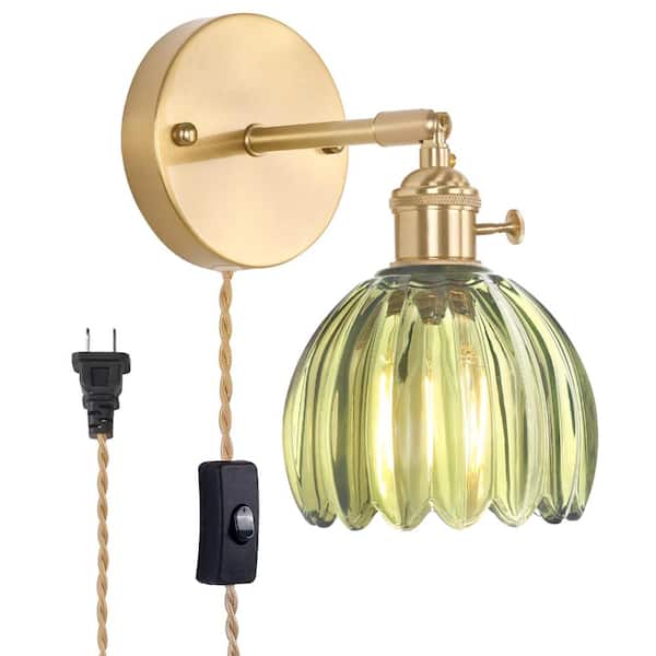 Plug-In Wall Sconce, Green Tulip Glass Lampshade, Corded Bedside Bedroom Light, Polished Brass, 59