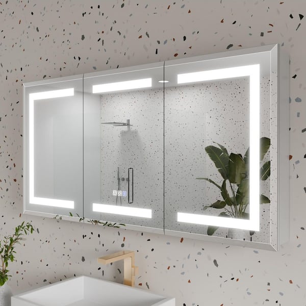 AZDHOME 48 in. W x 24 in. H Rectangular Silver Aluminum Recessed/Surface Mount Lighted Medicine Cabinet with Mirror And Dimming