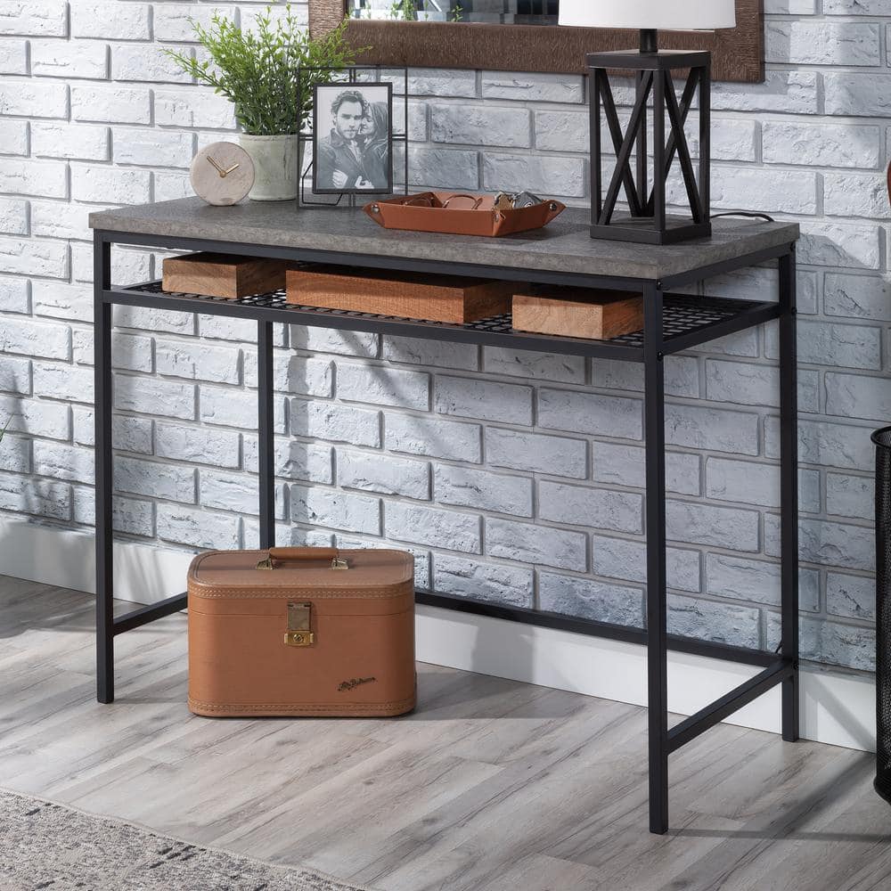 Slate Gray Wood and Metal Writing Desk with Storage
