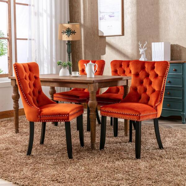 Modern High-end Orange Tufted Solid Wood Velvet Upholstered Dining Chair with Wood Legs Nailhead Trim Set of 2