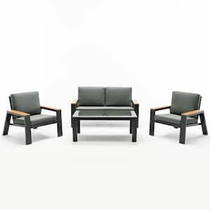 4-Pieces Black Aluminium Patio Conversation Set with Gray Cushions
