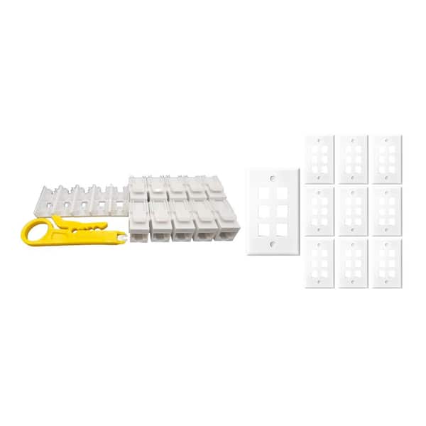 10-Pack 1-Gang White Keystone Plastic Wall Plates 6-Port & 10 Cat 6A RJ45 Keystone Jacks White
