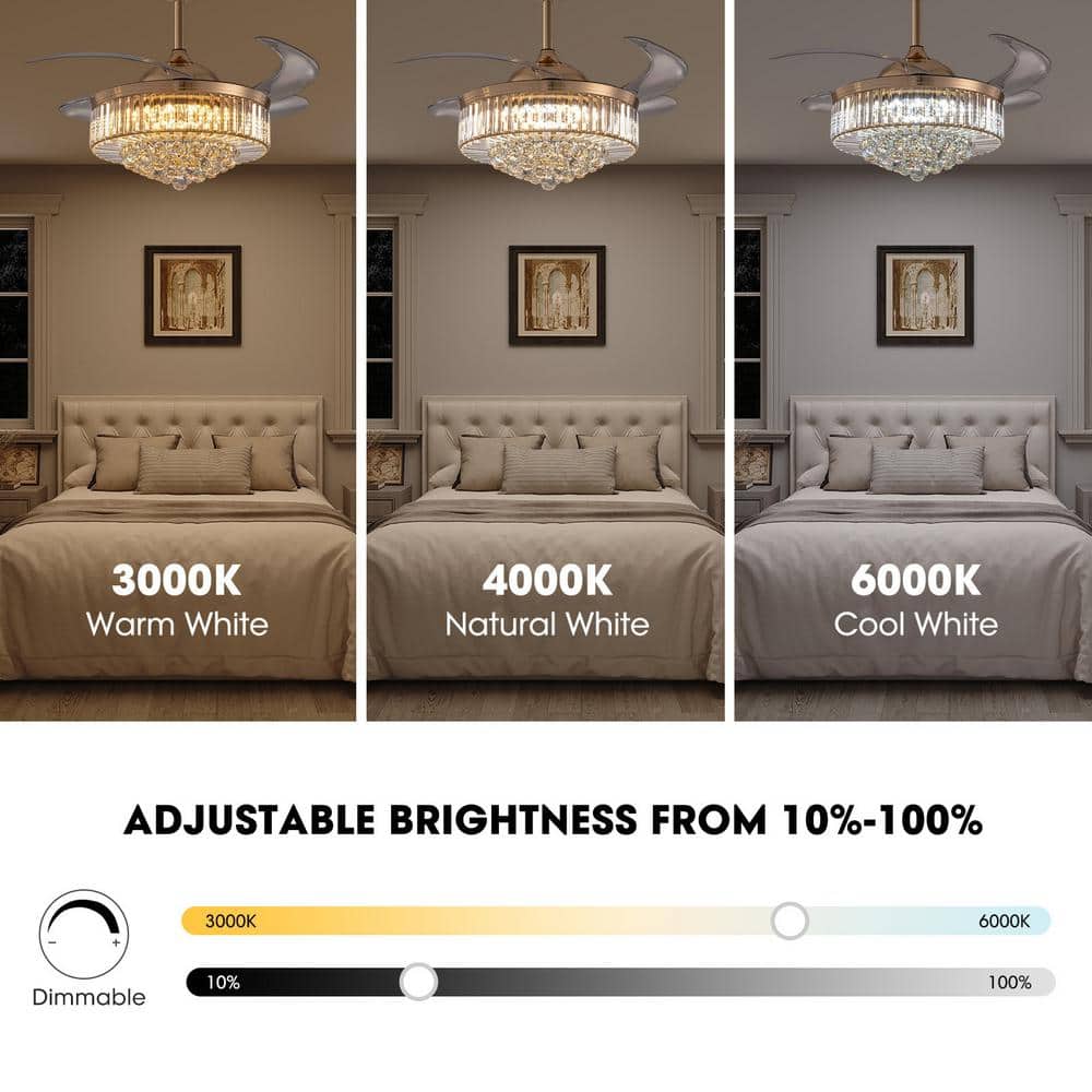 42-Inch Gold Crystal Retractable Ceiling Fan with LED Light and Remote