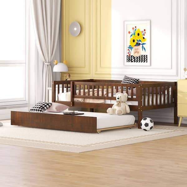 Harper & Bright Designs Walnut Twin Size Wood Daybed with Trundle and Fence Guardrails