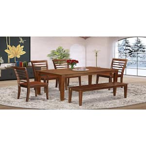 6-Piece Rectangle Mahogany Finish Solid Wood Top Dining Table with 1 Bench, 4 Chairs with Lattice Back