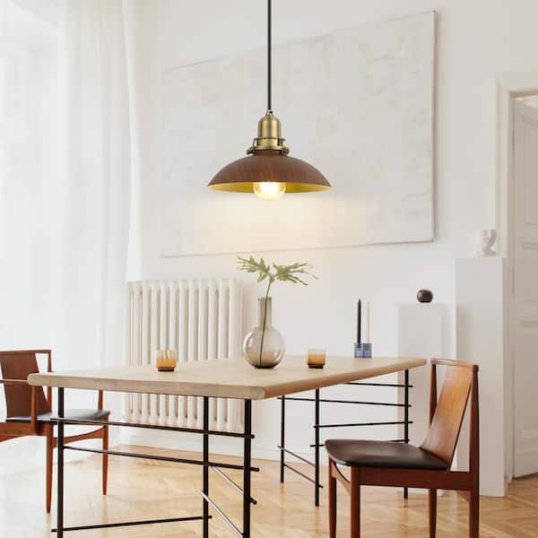 9 in. 1-Light Gold and Wood Grain Farmhouse Pendant-Light Fixture with Metal Shade