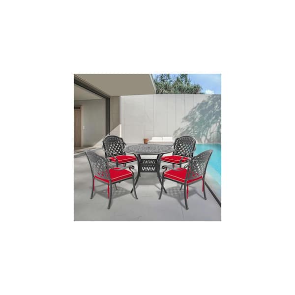 5-Piece Aluminum Outdoor Dining Set with Red Cushions, Patio Furniture Set