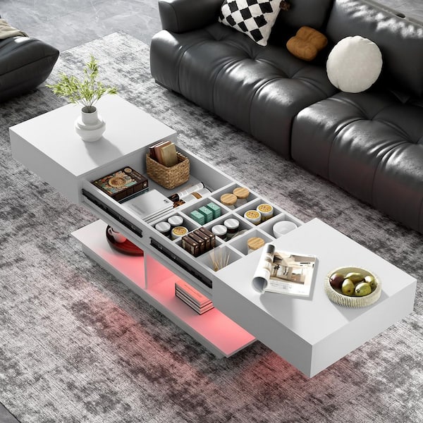 Harper & Bright Designs 41.3 in.-76.7 in. White Rectangle Wood Extendable Coffee Table with Hidden Storage Space, 16-color LED strip