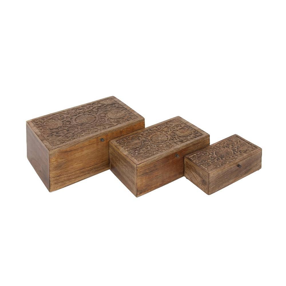 Rustic Mango Wood Floral Carved Lidded Box Set