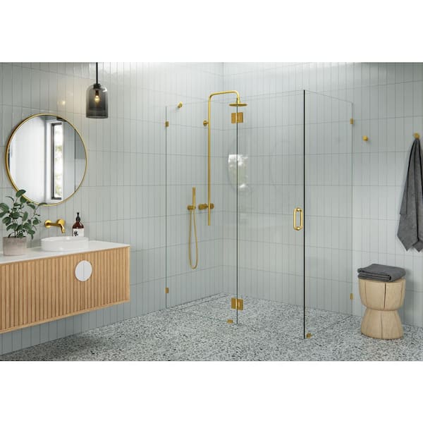 Glass Warehouse 59 in. W x 37 in. D x 78 in. H Pivot Frameless Corner Shower Enclosure in Satin Brass Finish with Clear Glass