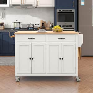 White Wood 54.33 in. Kitchen Island with 2-Drawers, 4-Doors, Locking Wheels, Solid Wood Top