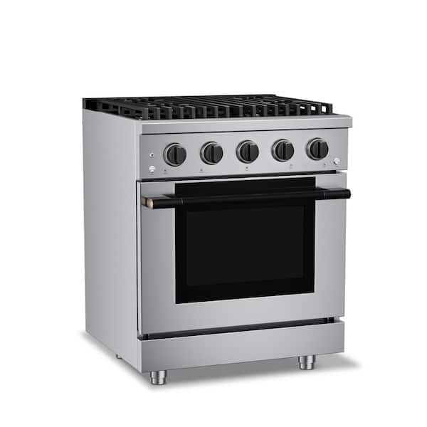 HausPRO 30in.Stainless Steel Gas Range 4-Burners(20,000 BTU)4.2 cu.ft.Convection 5-Racks Convertible NG/LP Matte Black